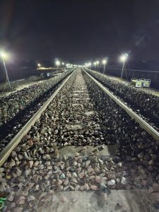 Track renewal completed, ballast dropped. Some tamping still required.